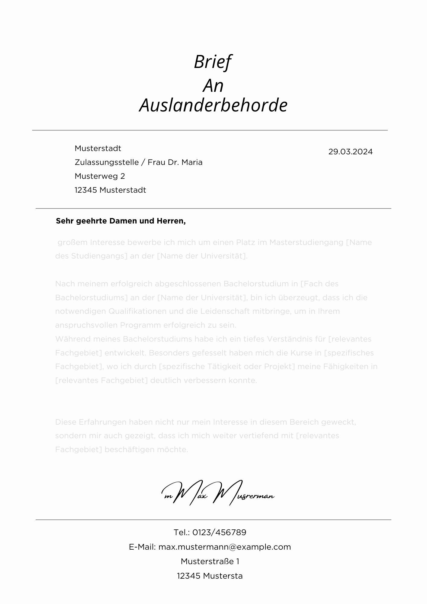 Brief An Ausländerbehörde